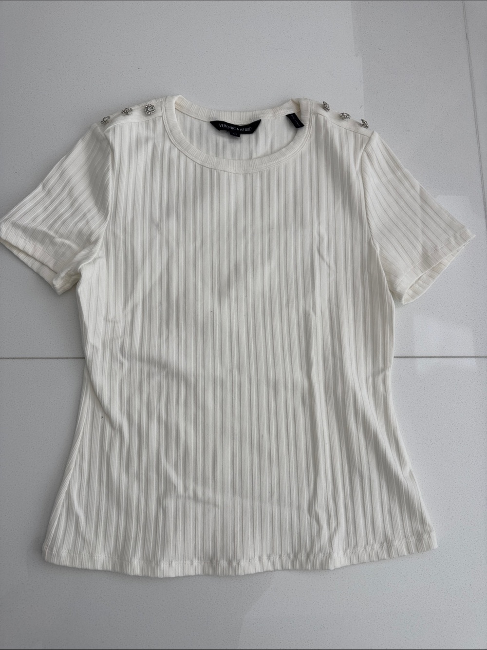 Veronica Beard Ivory Ribbed Short Sleeve Top with Shoulder Buttons